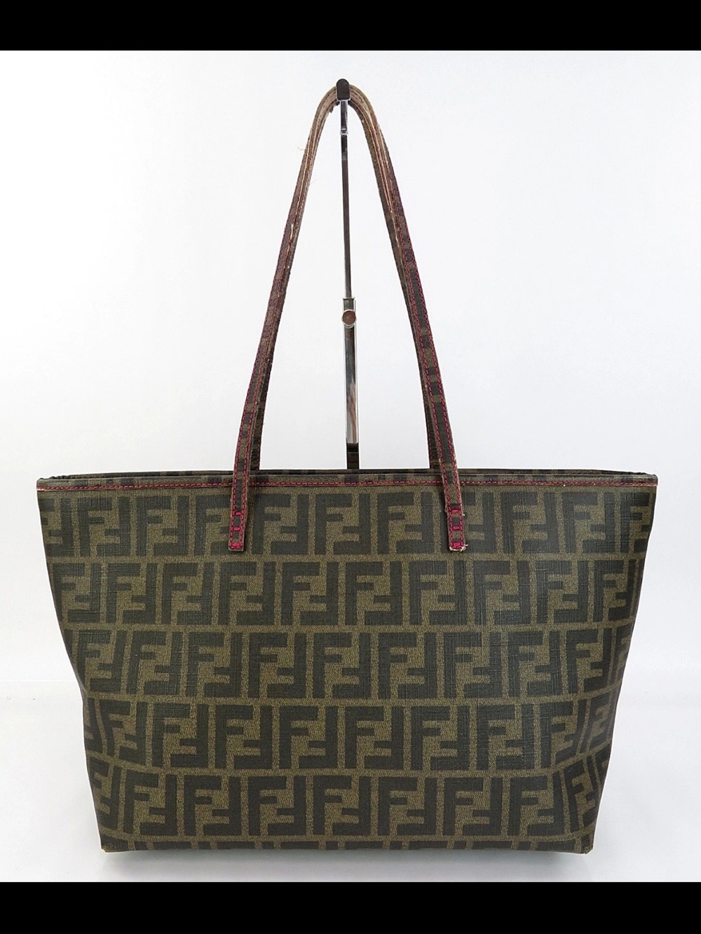 Fendi Monogram Zucca Tote in Dark Brown and Black with Red-Trim Handles
